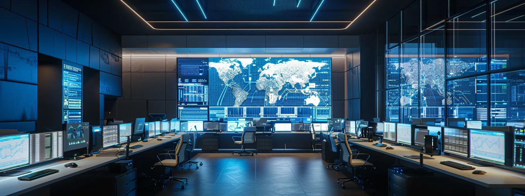 a sleek, modern pest control command center displays high-tech rodent monitoring systems with glowing screens, showcasing real-time data analytics and smart sensors, emphasizing the efficiency and cost-saving benefits of technology-based solutions in pest management.