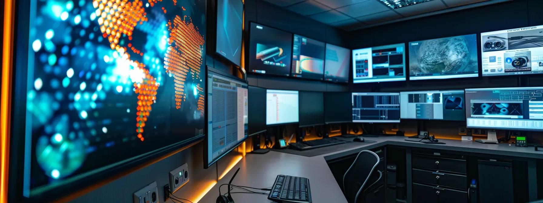 a sleek, modern pest control office with a large digital display showcasing the rodent control process steps, featuring bold graphics and an inviting color scheme to emphasize safety and professionalism in rhode island property management.