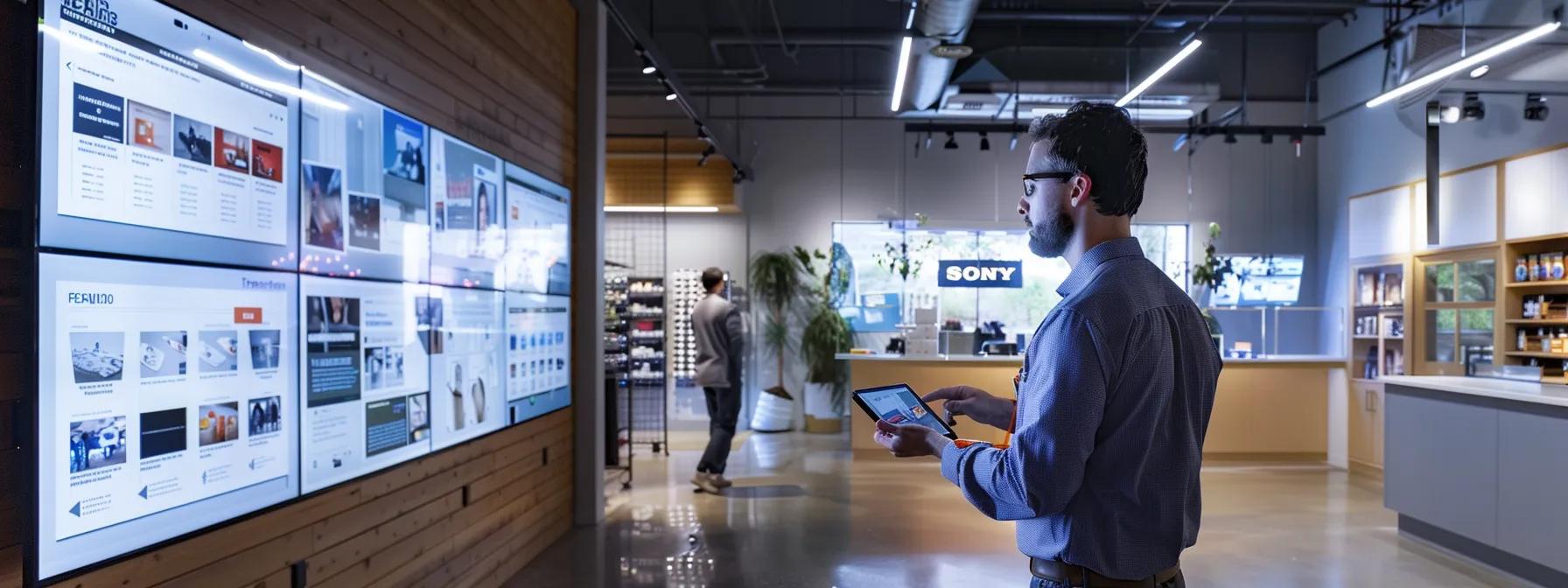 a sleek, modern pest control office featuring a confident technician reviewing detailed rodent control strategies on a high-tech tablet against a backdrop of vibrant, informative wall displays about pest management solutions.
