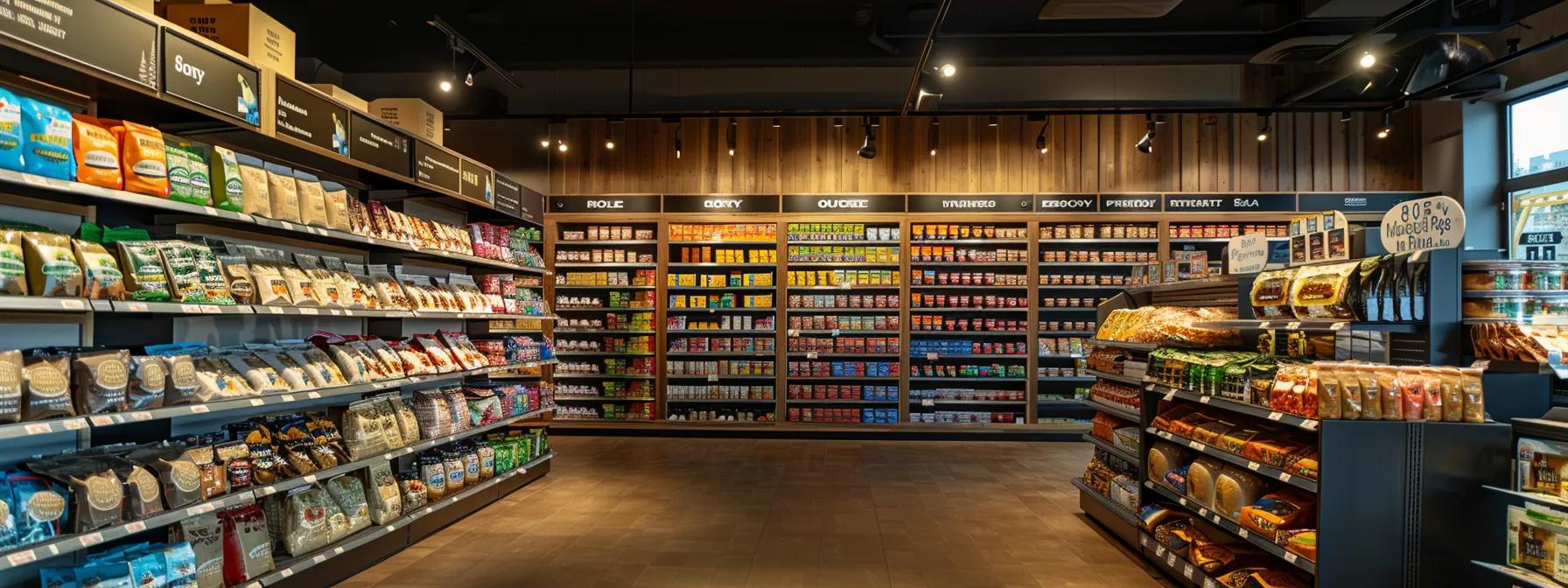 a sleek, modern pet food display in a well-lit retail setting showcases packaged freeze-dried options, emphasizing clear labeling and ingredient transparency to highlight quality and nutritional balance for discerning pet owners.