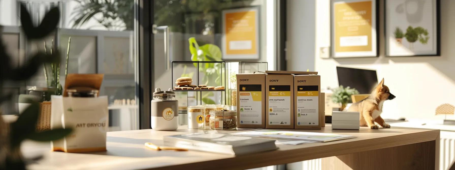 a sleek, modern pet food packaging display is showcased on a minimalist office desk, surrounded by informative infographics and nutritional charts that highlight the quality and benefits of premium dog food brands. a sleek, modern pet food packaging display is showcased on a minimalist office desk, surrounded by informative infographics and nutritional charts that highlight the quality and benefits of premium dog food brands.