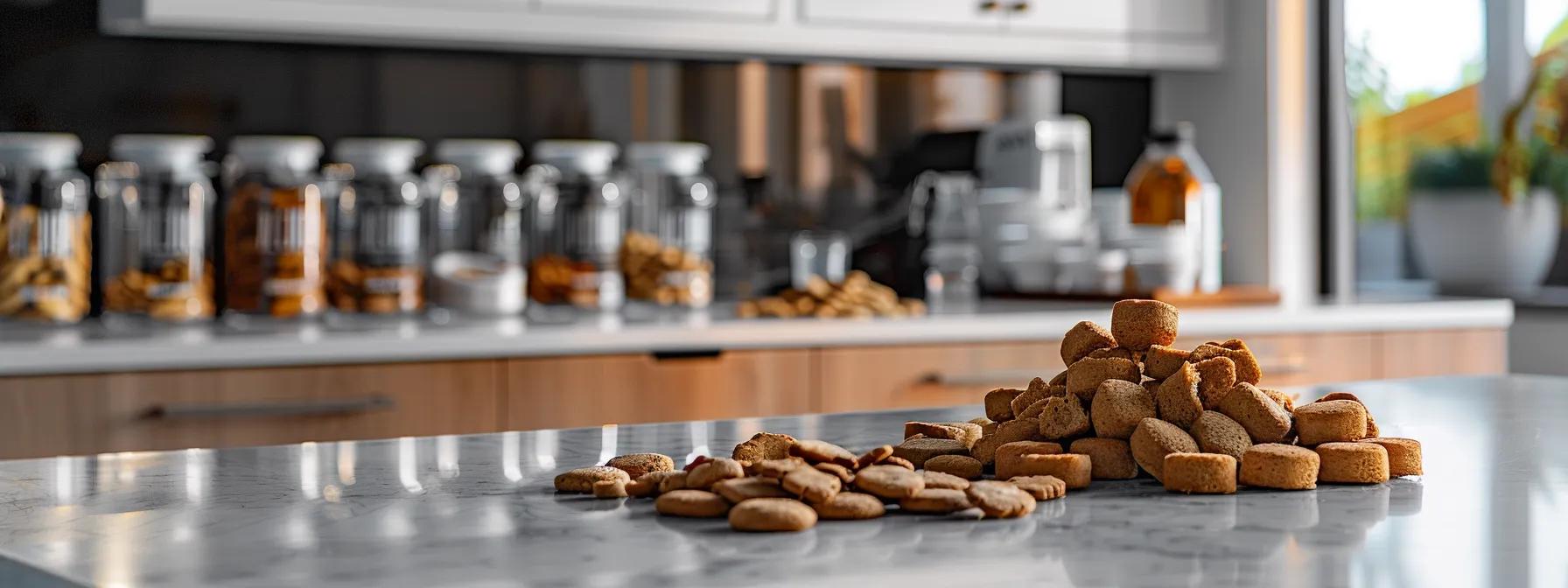 a sleek, modern pet food lab with bright, clean surfaces showcases a variety of gourmet dog biscuits arranged on a polished countertop, emphasizing transparency in ingredient quality and meticulous packaging details in sharp focus. a sleek, modern pet food lab with bright, clean surfaces showcases a variety of gourmet dog biscuits arranged on a polished countertop, emphasizing transparency in ingredient quality and meticulous packaging details in sharp focus.