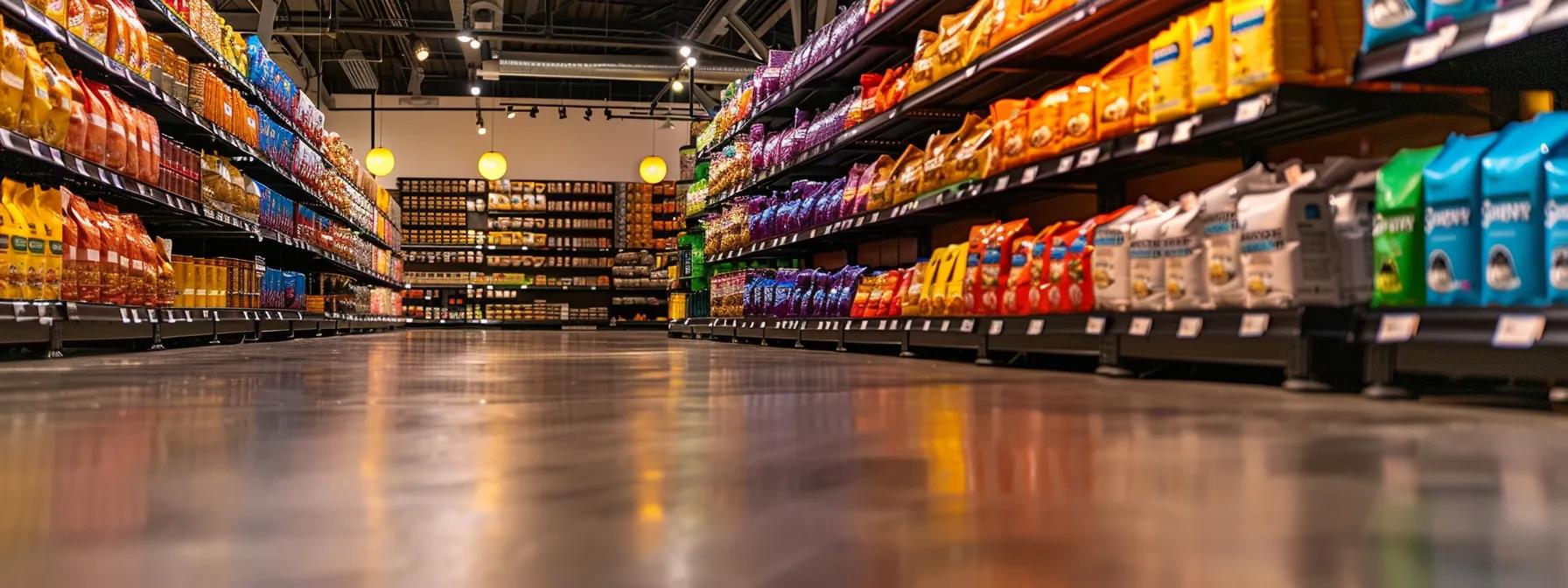 a sleek, modern pet food store aisle showcases an array of premium dog food brands, with colorful packaging prominently displayed alongside informative labels detailing nutritional benefits tailored for various breeds and dietary needs. a sleek, modern pet food store aisle showcases an array of premium dog food brands, with colorful packaging prominently displayed alongside informative labels detailing nutritional benefits tailored for various breeds and dietary needs.