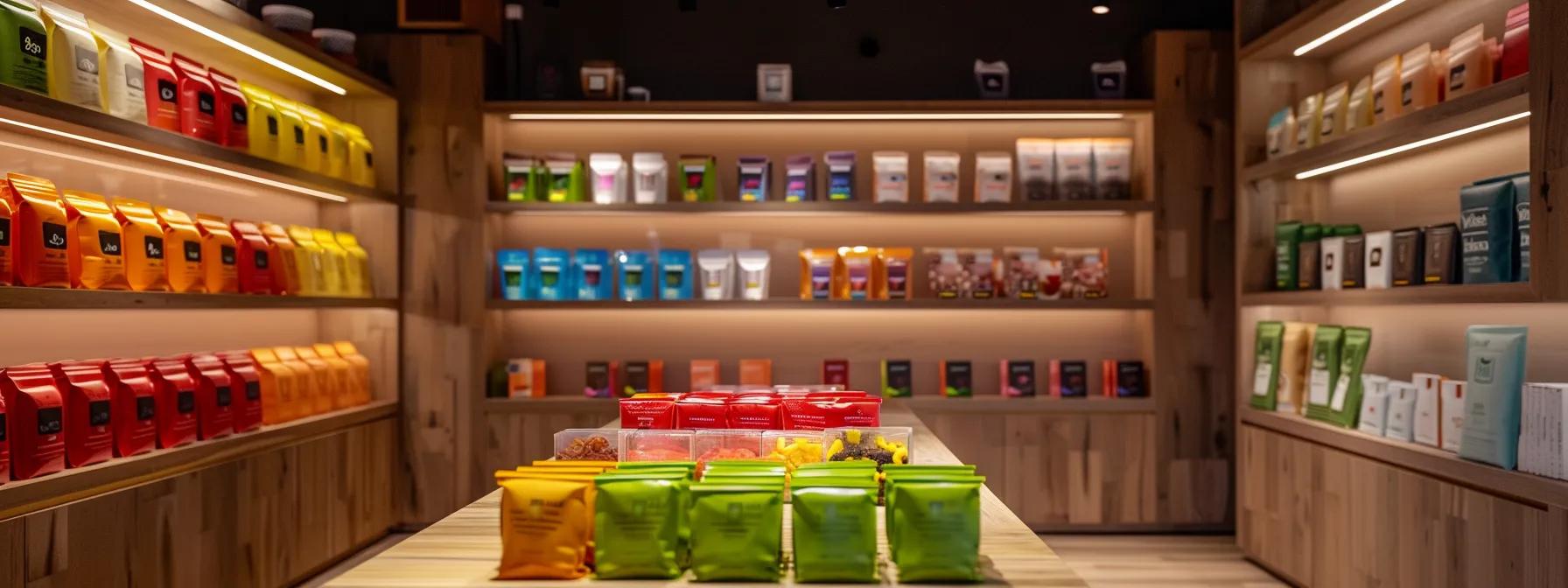 a sleek, modern pet shop interior showcases colorful freeze-dried dog treats artfully displayed on minimalist wooden shelves, emphasizing their vibrant packaging and enticing textures under warm, inviting lighting. a sleek, modern pet shop interior showcases colorful freeze-dried dog treats artfully displayed on minimalist wooden shelves, emphasizing their vibrant packaging and enticing textures under warm, inviting lighting.