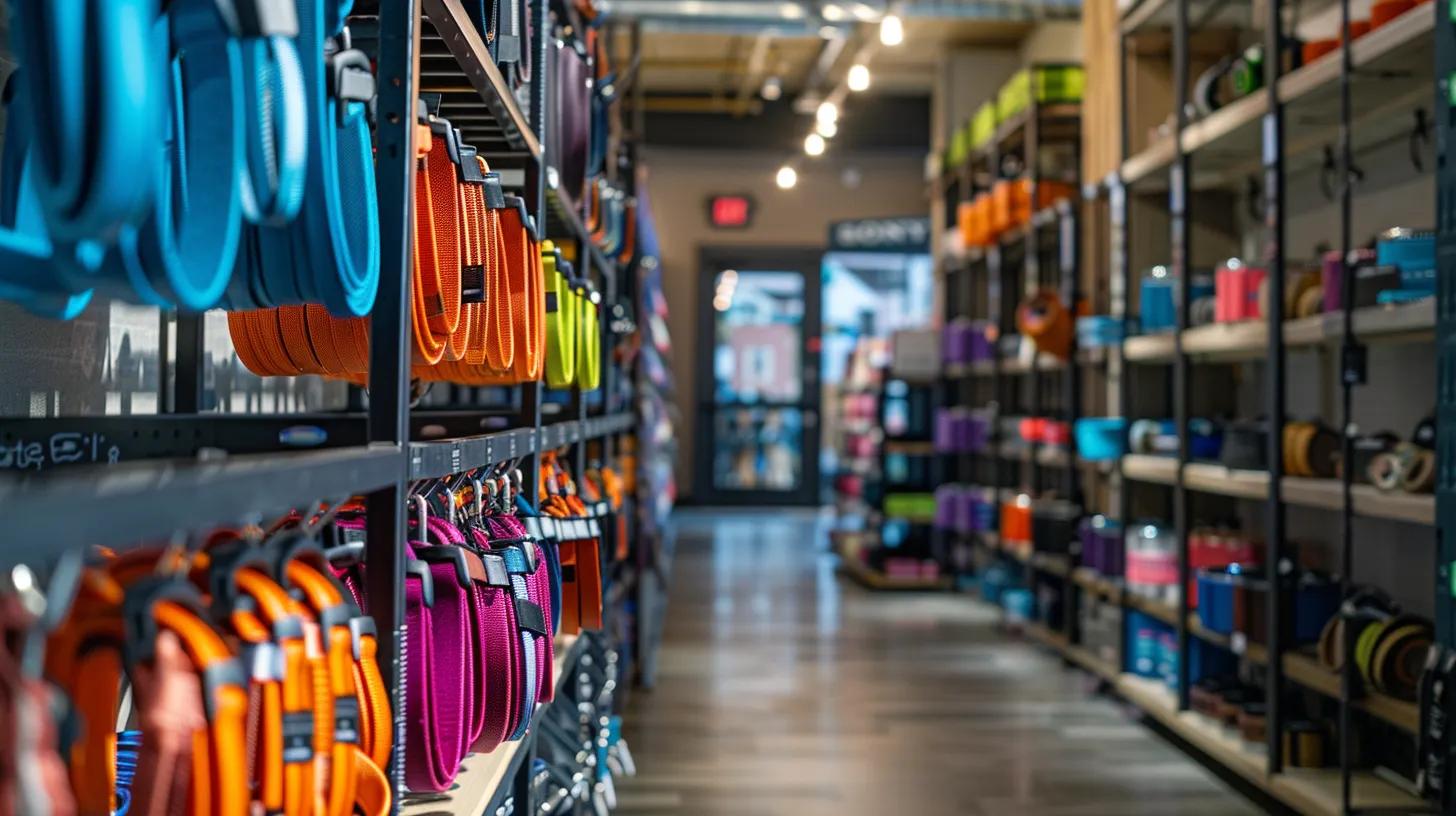 a sleek, modern pet store interior showcases a variety of vibrant martingale dog collars displayed prominently on stylish racks, emphasizing their safety and versatility for different breeds. a sleek, modern pet store interior showcases a variety of vibrant martingale dog collars displayed prominently on stylish racks, emphasizing their safety and versatility for different breeds.