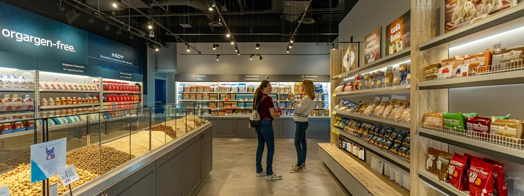 a sleek, modern pet store interior features an array of carefully displayed puppy treat packages, each vividly labeled with indicators of quality such as a sleek, modern pet store interior features an array of carefully displayed puppy treat packages, each vividly labeled with indicators of quality such as