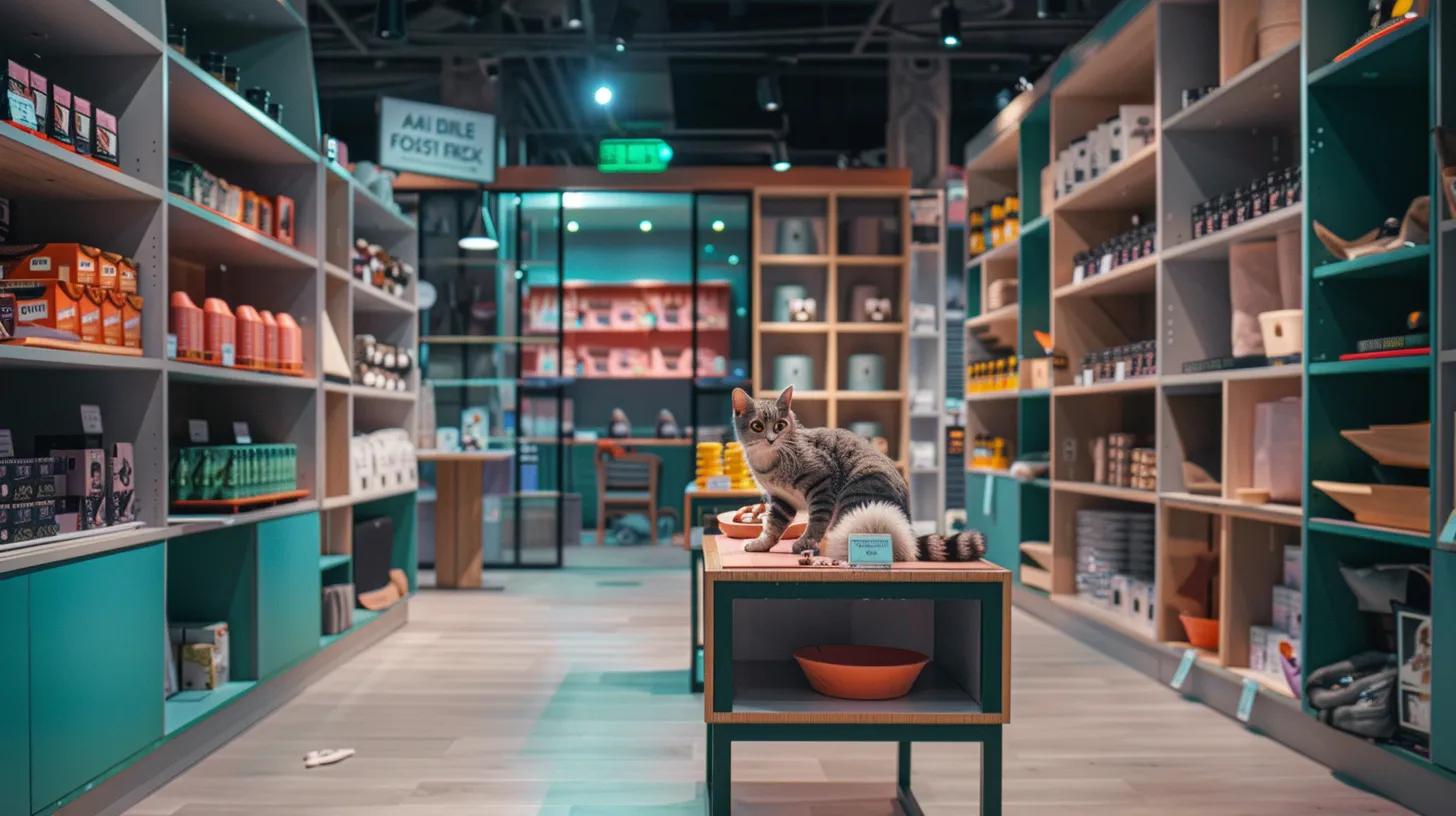 a sleek, modern pet store interior showcases stylish and functional cat essentials, with neatly arranged colorful products that highlight their elegance and quality, inviting discerning cat owners to explore.