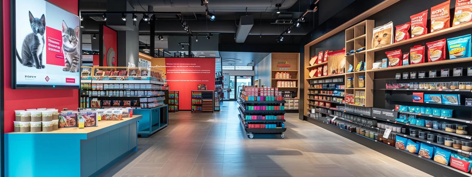 a sleek, modern pet supply store interior showcases a vibrant display of royal canin kitten wet food packages, highlighting the tailored nutrition with breed-specific formulas and appealing visuals of playful, healthy kittens nearby. a sleek, modern pet supply store interior showcases a vibrant display of royal canin kitten wet food packages, highlighting the tailored nutrition with breed-specific formulas and appealing visuals of playful, healthy kittens nearby.