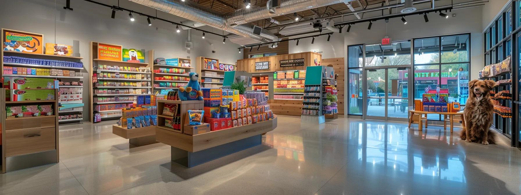 a sleek, modern pet supply store interior showcases an array of vibrant dog chew toys made from both natural and synthetic materials, thoughtfully arranged to emphasize their safety certifications and eco-friendly options.