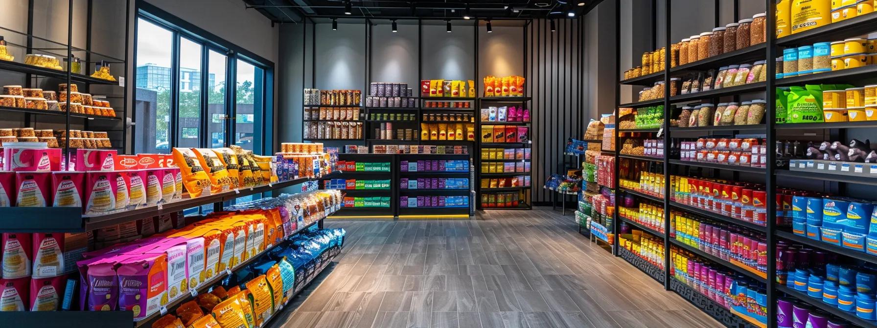 a sleek, modern pet supply store interior showcases neatly arranged shelves filled with colorful, individual wet canned food pouches, emphasizing convenience and optimal nutrition for pets. a sleek, modern pet supply store interior showcases neatly arranged shelves filled with colorful, individual wet canned food pouches, emphasizing convenience and optimal nutrition for pets.