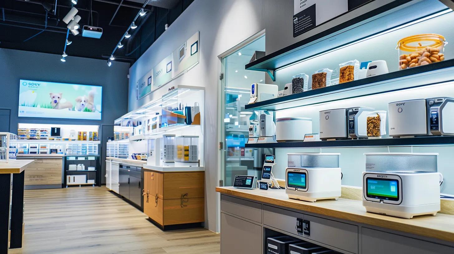 a sleek, modern pet technology display at talis us pet store showcases innovative gadgets like smart feeders and monitoring devices under bright, focused lighting, highlighting their advanced features and user-friendly design against a minimalist, high-tech backdrop.