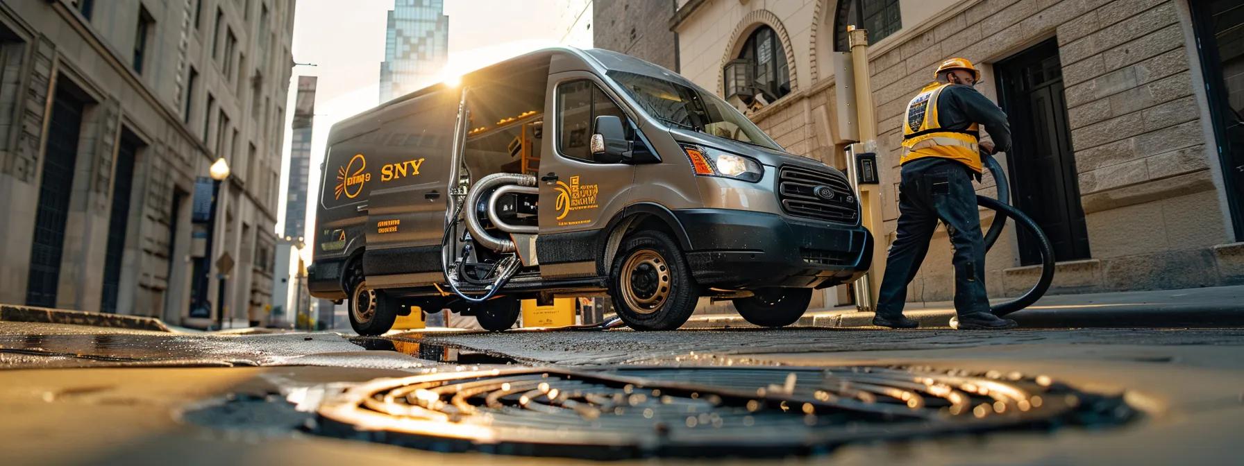 a sleek, modern plumbing service van is parked in a bustling urban area of dallas, prominently displaying its branding, with a team of professionals in bright uniforms expertly setting up high-tech drain cleaning equipment beside an open manhole. a sleek, modern plumbing service van is parked in a bustling urban area of dallas, prominently displaying its branding, with a team of professionals in bright uniforms expertly setting up high-tech drain cleaning equipment beside an open manhole.