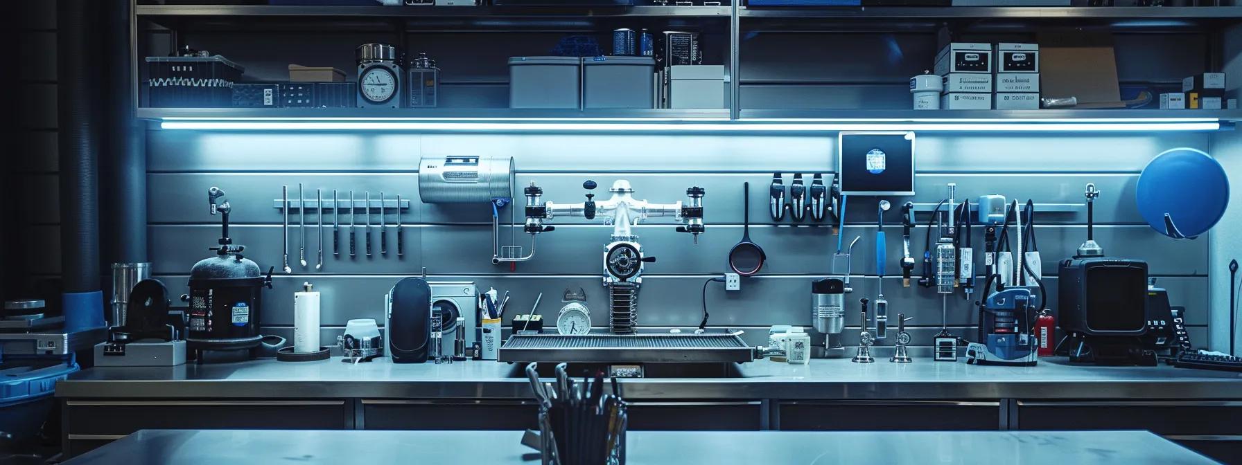 a sleek, modern plumbing workshop showcases a gleaming hot water recirculating pump prominently displayed on a stainless-steel workbench, surrounded by various intricate plumbing materials and tools under bright, focused lighting. a sleek, modern plumbing workshop showcases a gleaming hot water recirculating pump prominently displayed on a stainless-steel workbench, surrounded by various intricate plumbing materials and tools under bright, focused lighting.