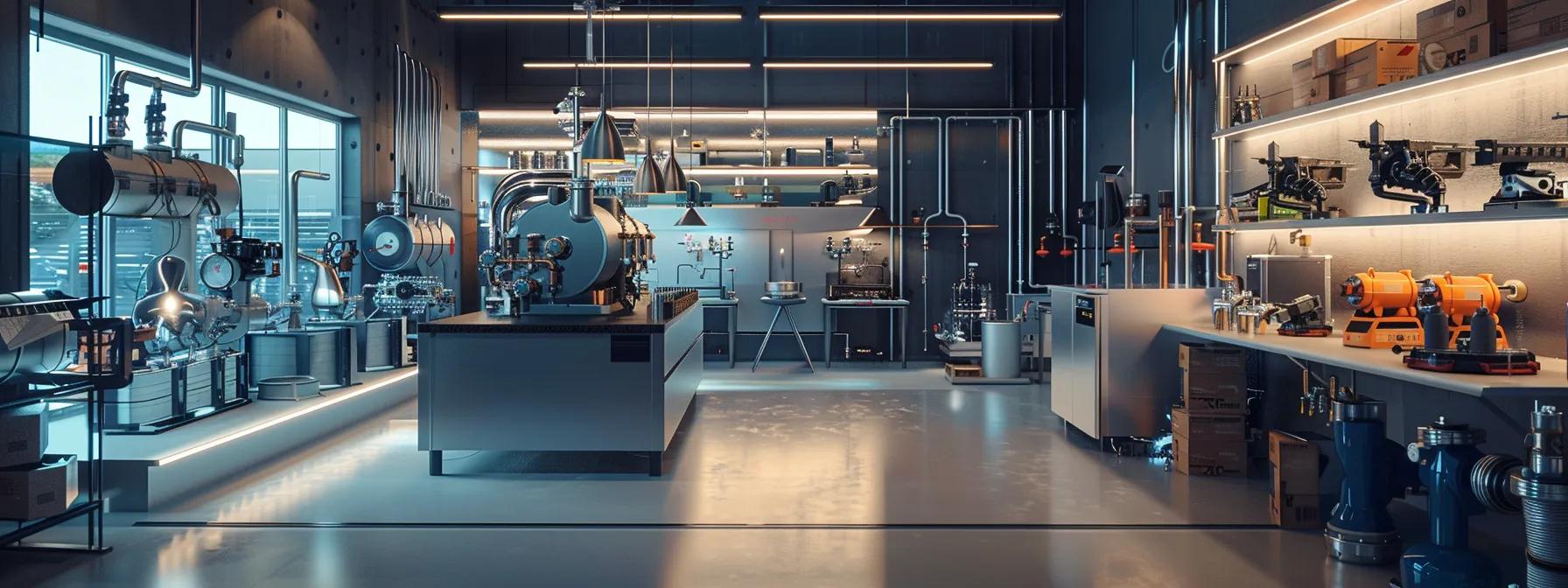 a sleek modern plumbing workshop showcases a hot water recirculation system in action, featuring an intricate array of pumps, sensors, and valves seamlessly integrated within the clean, organized space, illuminated by bright overhead lights that emphasize the technological sophistication. a sleek modern plumbing workshop showcases a hot water recirculation system in action, featuring an intricate array of pumps, sensors, and valves seamlessly integrated within the clean, organized space, illuminated by bright overhead lights that emphasize the technological sophistication.