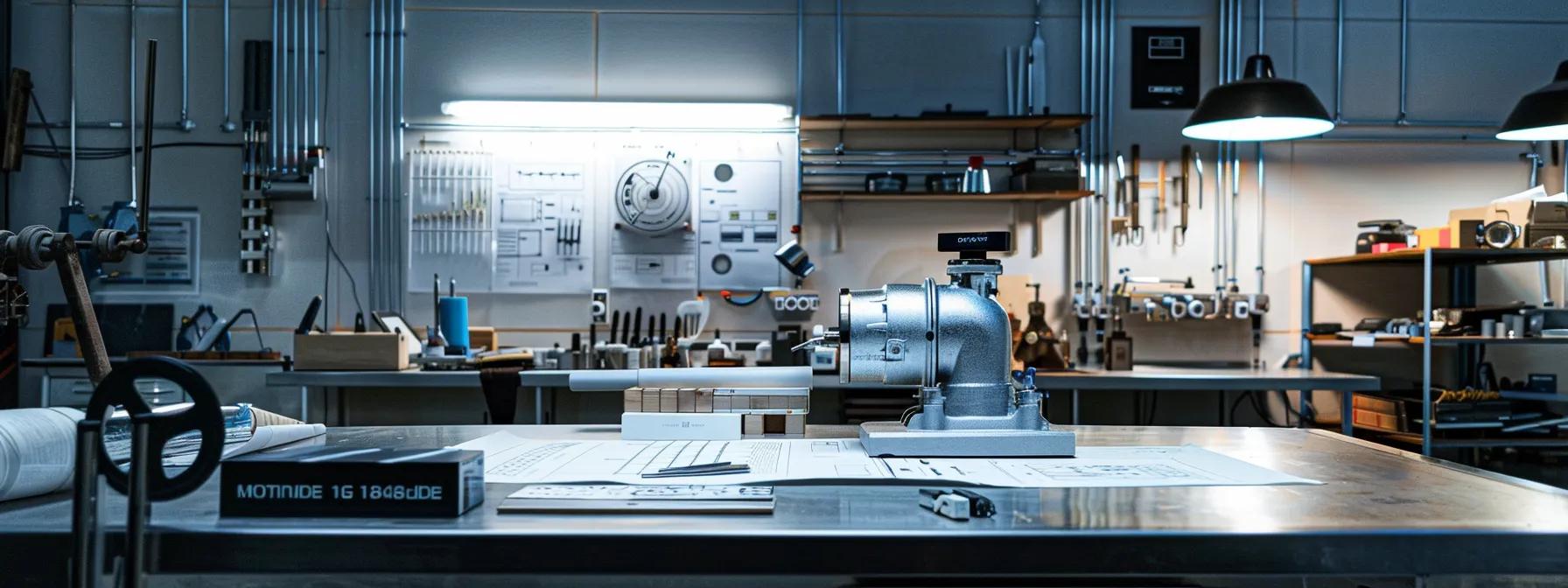 a sleek, modern plumbing workshop showcases a polished recirculating pump for hot water prominently displayed on a stainless steel workbench, surrounded by professional tools and blueprints, illuminated by focused overhead lighting that enhances its technical design. a sleek, modern plumbing workshop showcases a polished recirculating pump for hot water prominently displayed on a stainless steel workbench, surrounded by professional tools and blueprints, illuminated by focused overhead lighting that enhances its technical design.