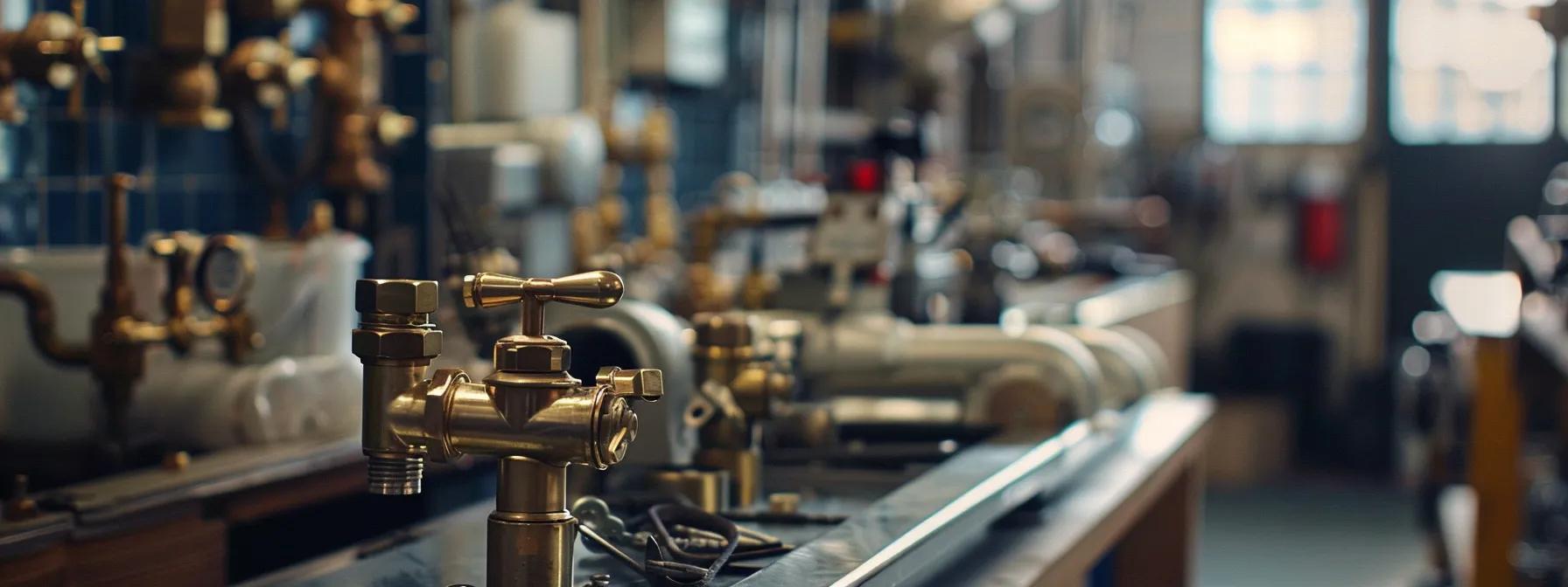a sleek, modern plumbing workshop features a prominent, shiny brass valve being turned off, with a backdrop of organized tools and piping ready for service in a professional setting.