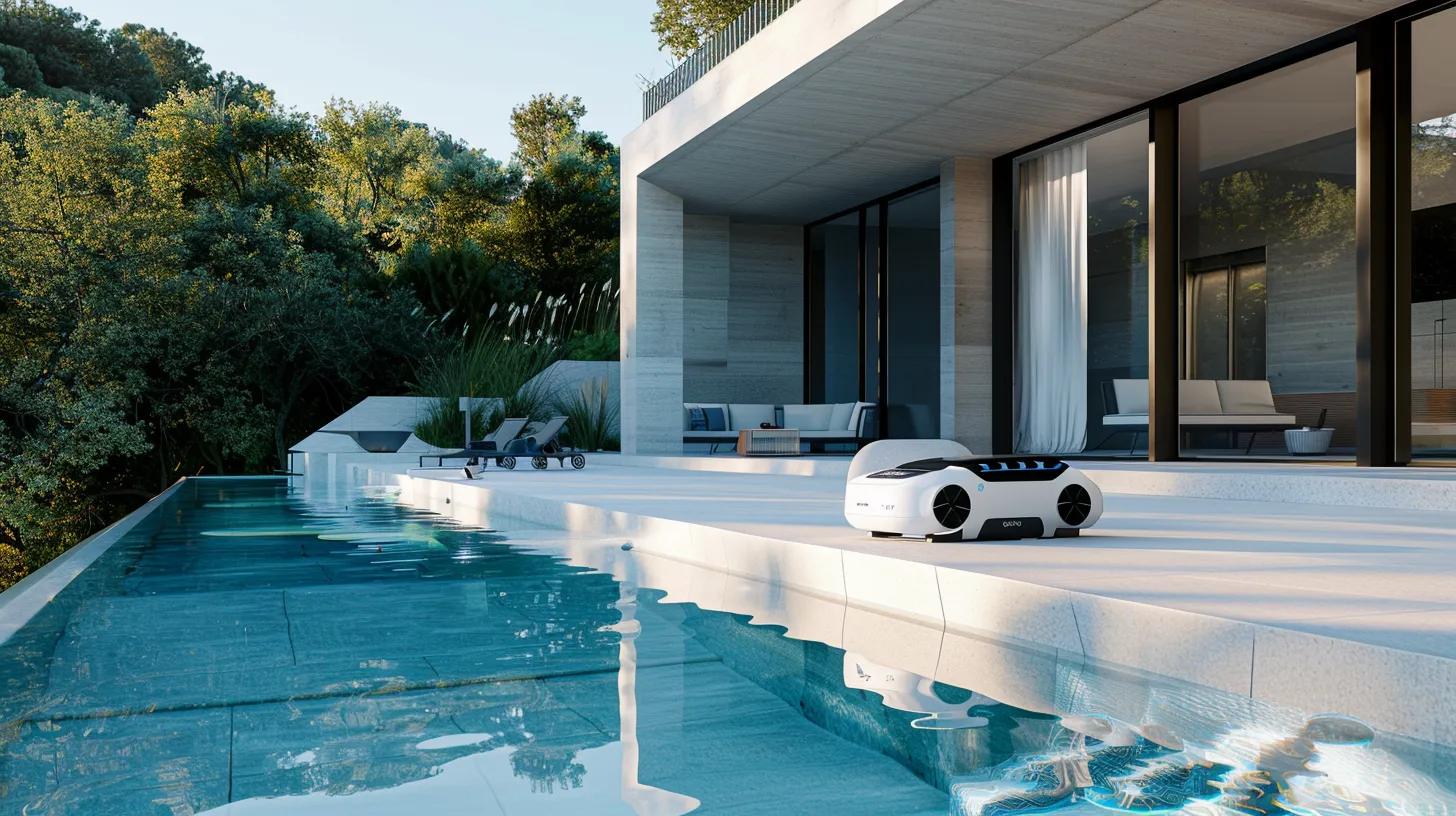 a sleek, modern pool cleaning setup in a contemporary backyard, showcasing eco-friendly equipment and innovative technologies against a backdrop of pristine water, emphasizing sustainability and cost-effectiveness.