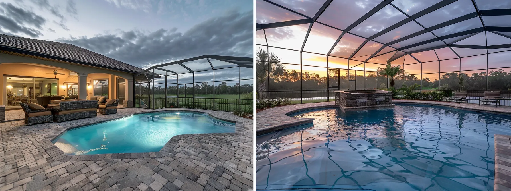 a sleek, modern pool deck in st. cloud, florida, features elegant paver installations that seamlessly blend safety and style, creating a luxurious outdoor retreat under ambient evening lighting. a sleek, modern pool deck in st. cloud, florida, features elegant paver installations that seamlessly blend safety and style, creating a luxurious outdoor retreat under ambient evening lighting.