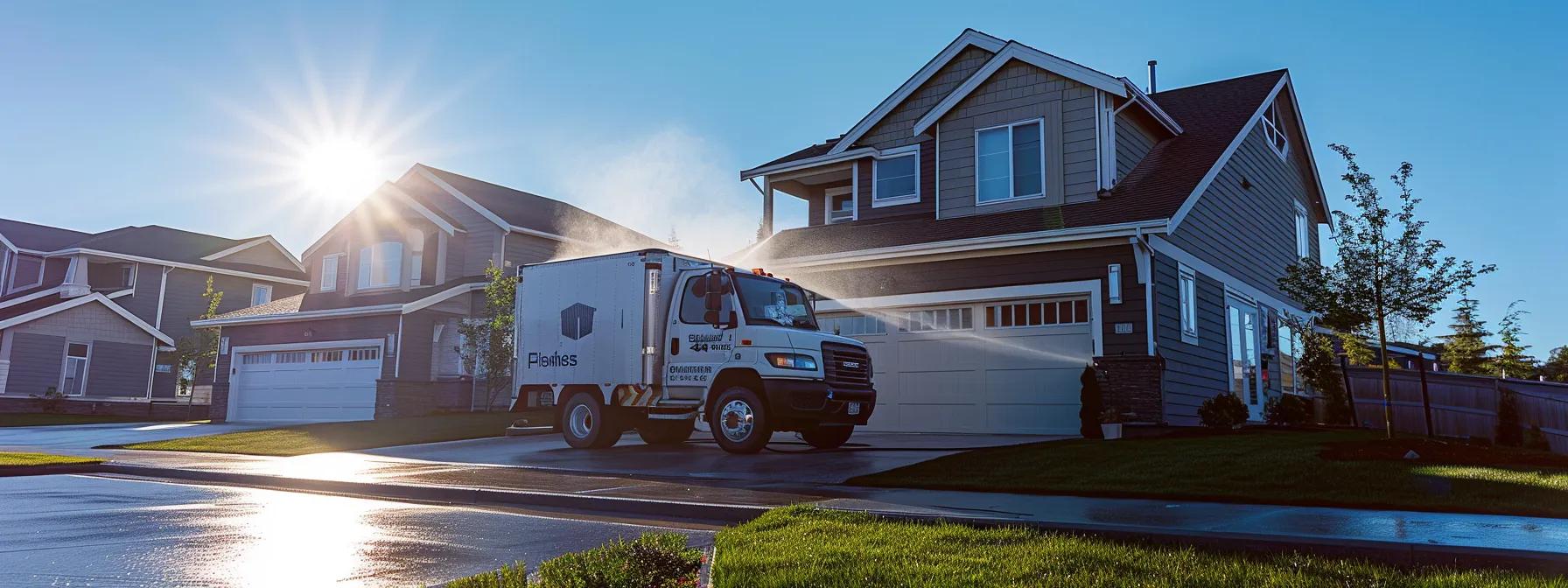 a sleek, modern pressure washing truck is parked in front of a pristine, well-maintained home, with the operator expertly using state-of-the-art equipment to restore the roof's gleaming finish against a clear blue sky. a sleek, modern pressure washing truck is parked in front of a pristine, well-maintained home, with the operator expertly using state-of-the-art equipment to restore the roof's gleaming finish against a clear blue sky.