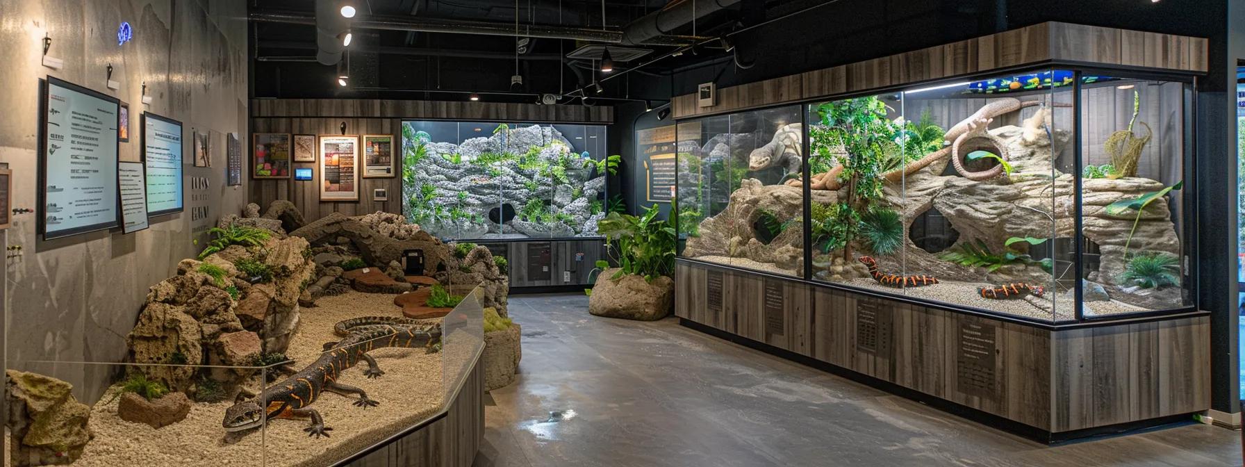a sleek, modern reptile enclosure within a well-lit urban pet shop displays various heating solutions alongside informative visuals, emphasizing the careful balance between scientific research and the reptiles' natural behaviors. a sleek, modern reptile enclosure within a well-lit urban pet shop displays various heating solutions alongside informative visuals, emphasizing the careful balance between scientific research and the reptiles' natural behaviors.