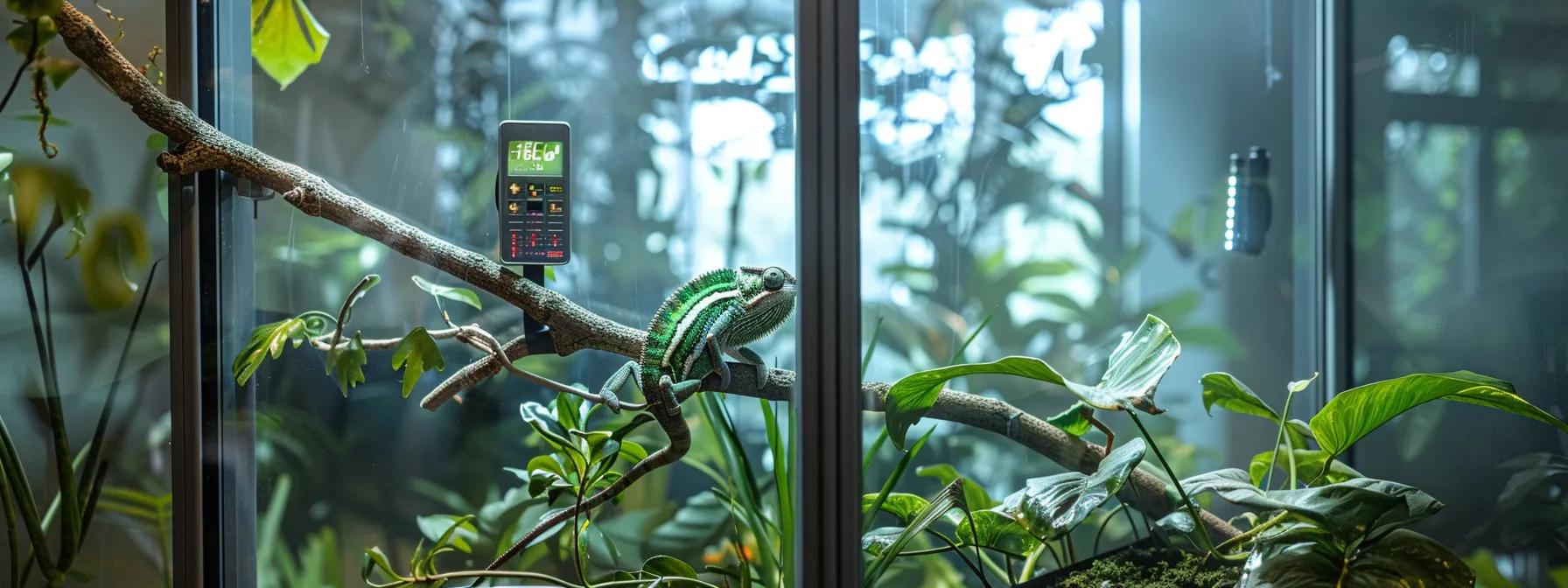 a sleek, modern reptile habitat with vibrant veiled chameleons perched on branches, showcasing a digital hygrometer displaying humidity levels between 50% and 70%, set against a clean, minimalist office backdrop. a sleek, modern reptile habitat with vibrant veiled chameleons perched on branches, showcasing a digital hygrometer displaying humidity levels between 50% and 70%, set against a clean, minimalist office backdrop.