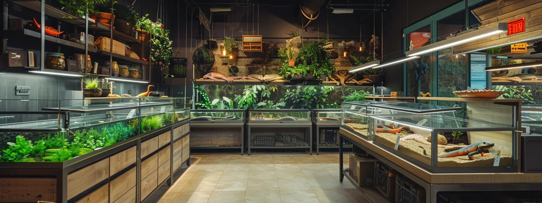 a sleek, modern reptile habitat setup in a well-lit urban pet store showcases various glass terrariums filled with meticulously arranged substrates tailored to the specific needs of diverse reptile species, emphasizing their distinct environments. a sleek, modern reptile habitat setup in a well-lit urban pet store showcases various glass terrariums filled with meticulously arranged substrates tailored to the specific needs of diverse reptile species, emphasizing their distinct environments.