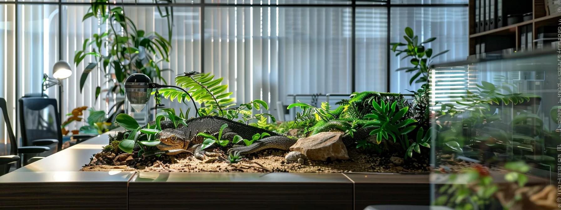 a sleek, modern reptile habitat displayed in a well-lit office setting, showcasing a temperature gradient with specialized heating lamps and cool zones, emphasizing the meticulous care and scientific understanding of a reptile's thermal requirements. a sleek, modern reptile habitat displayed in a well-lit office setting, showcasing a temperature gradient with specialized heating lamps and cool zones, emphasizing the meticulous care and scientific understanding of a reptile's thermal requirements.