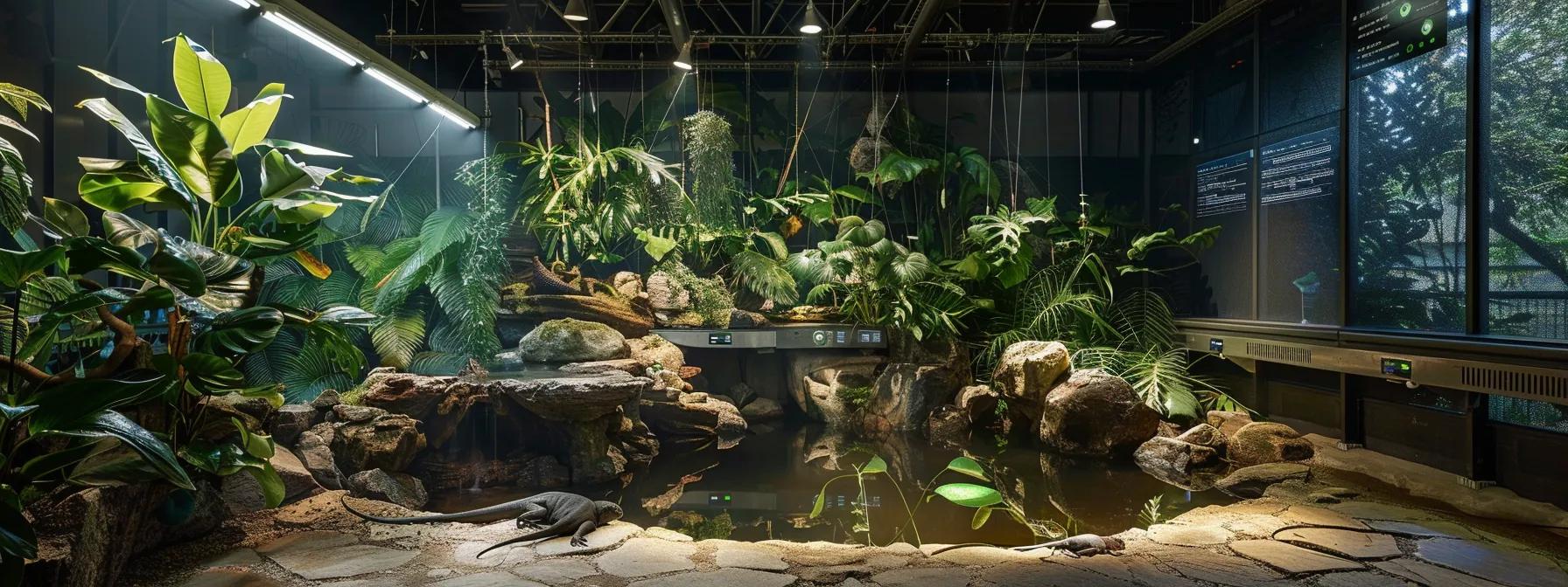 a sleek, modern reptile habitat setup showcases advanced technology with digital screens and precise climate controls, demonstrating an idealized environment for temperature regulation and mimicry of natural heat cycles.