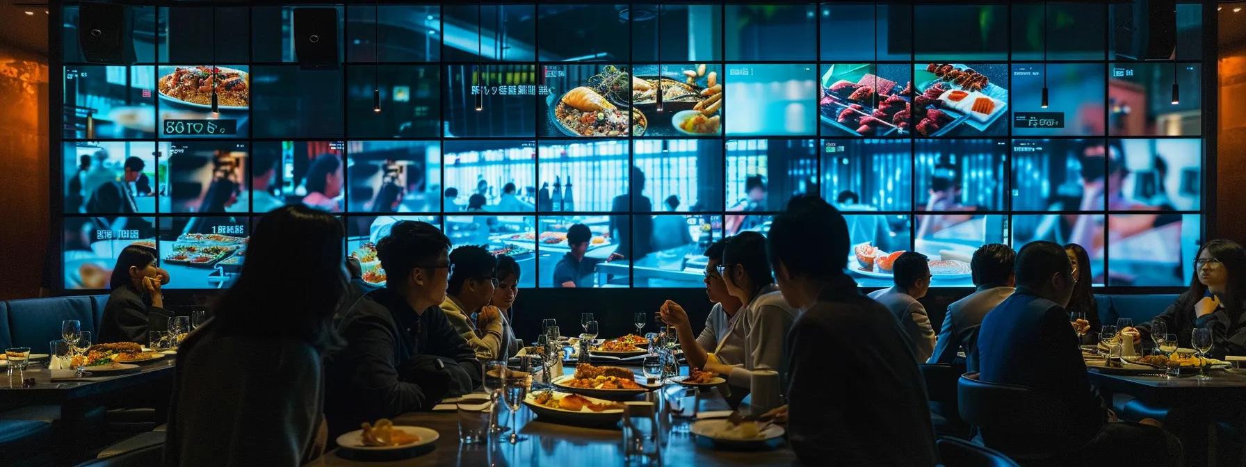 a sleek, modern restaurant interior with diners engaged in lively discussions over elegantly presented dishes, while high-resolution screens display glowing customer reviews and digital menus, emphasizing the importance of informed dining choices in a vibrant urban atmosphere. a sleek, modern restaurant interior with diners engaged in lively discussions over elegantly presented dishes, while high-resolution screens display glowing customer reviews and digital menus, emphasizing the importance of informed dining choices in a vibrant urban atmosphere.