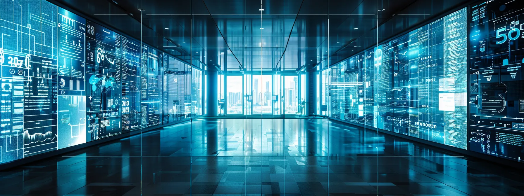 a sleek, modern retail management office filled with digital screens displaying data visualizations and analytics, showcasing the transformative impact of natural language processing on efficiency and data accessibility.