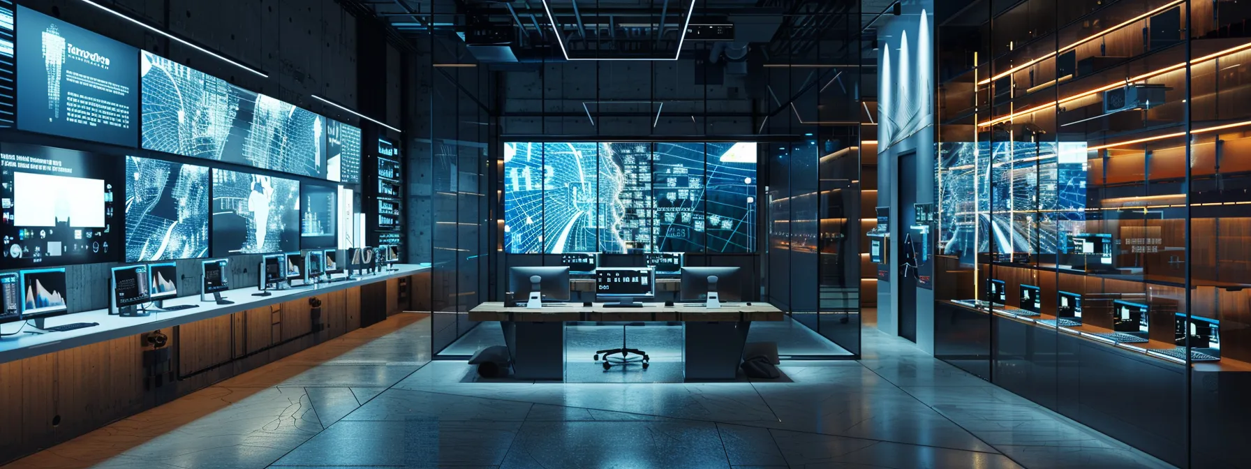 a sleek, modern retail workspace filled with digital screens showcasing data analytics and ai-driven customer interaction tools, emphasizing the integration of conversational ai and autonomous solutions in shaping the future of retail management.