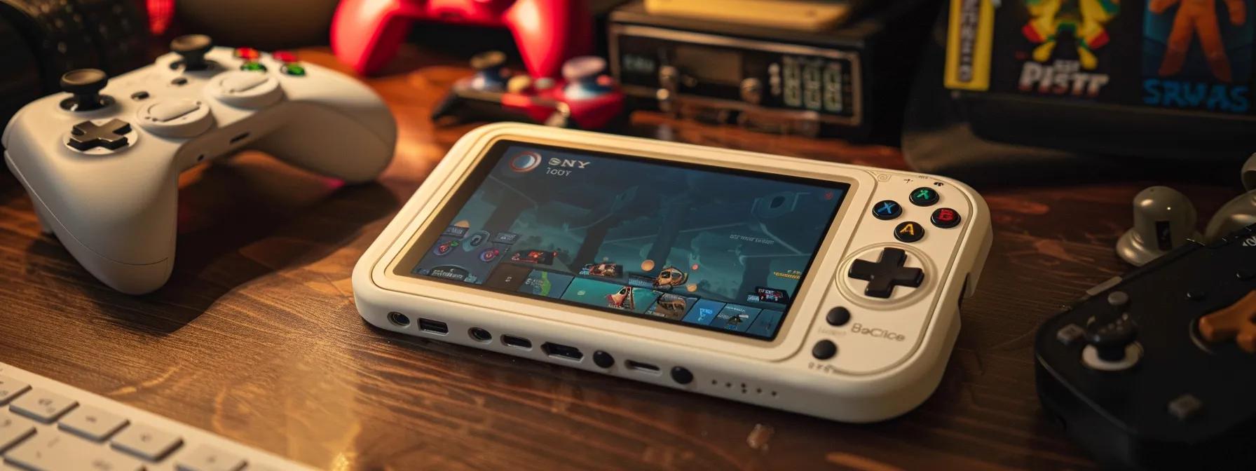 Una consola de juegos portátil retro, elegante y moderna, reposa sobre un escritorio de oficina pulido, mostrando su vibrante pantalla de alta resolución con un fondo de recuerdos de juegos clásicos, combinando nostalgia con tecnología de vanguardia. a sleek, modern retro handheld gaming console rests on a polished office desk, showcasing its vibrant high-resolution display against a backdrop of classic gaming memorabilia, blending nostalgia with cutting-edge technology.