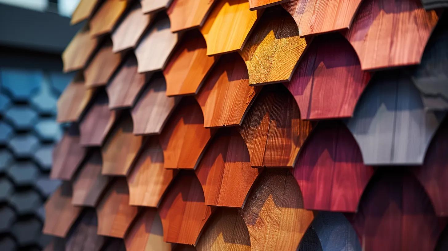 a sleek, modern roofing showroom showcases vibrant f wave shingles, arranged in dynamic displays under bright, focused studio lighting, highlighting their advanced polymer technology and resilience against the elements. a sleek, modern roofing showroom showcases vibrant f wave shingles, arranged in dynamic displays under bright, focused studio lighting, highlighting their advanced polymer technology and resilience against the elements.