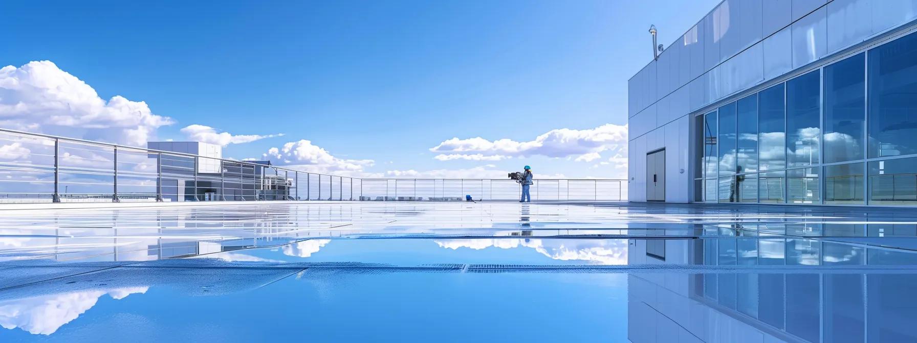 a sleek, modern rooftop with a vibrant blue coating, showcasing a professional cleaning team using specialized equipment to meticulously remove debris, highlighting the importance of consistent maintenance for optimal roof health. a sleek, modern rooftop with a vibrant blue coating, showcasing a professional cleaning team using specialized equipment to meticulously remove debris, highlighting the importance of consistent maintenance for optimal roof health.