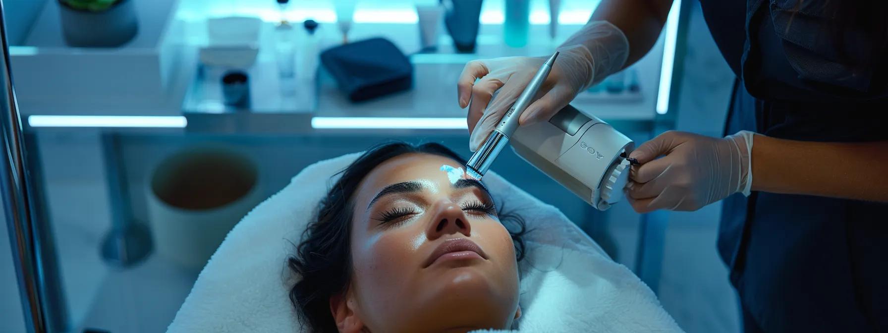 a sleek, modern salon interior featuring a professional eyelash technician meticulously applying a keratin-infused lifting solution on a client's eyes, surrounded by stylish decor that reflects a focus on hygiene and customer satisfaction.