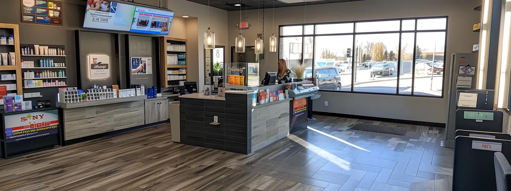 a sleek, modern salon interior showcases a stylish appointment area with digital booking screens, vibrant promotional signage, and a welcoming reception desk, emphasizing a seamless connection between clients and high-quality eyelash lifting services.