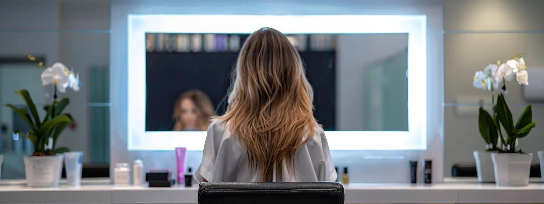 a sleek, modern salon interior showcases a confident client admiring her luxurious micro k-tip hair extensions in the mirror, emphasizing the contrast between the initial investment and long-term value reflected in her vibrant, healthy hair. a sleek, modern salon interior showcases a confident client admiring her luxurious micro k-tip hair extensions in the mirror, emphasizing the contrast between the initial investment and long-term value reflected in her vibrant, healthy hair.