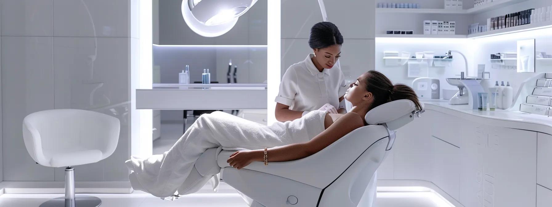 a sleek, modern salon interior featuring a client in a salon chair receiving precise facial threading treatment, illuminated by soft, focused lighting that emphasizes the clean, elegant aesthetics of beauty care.