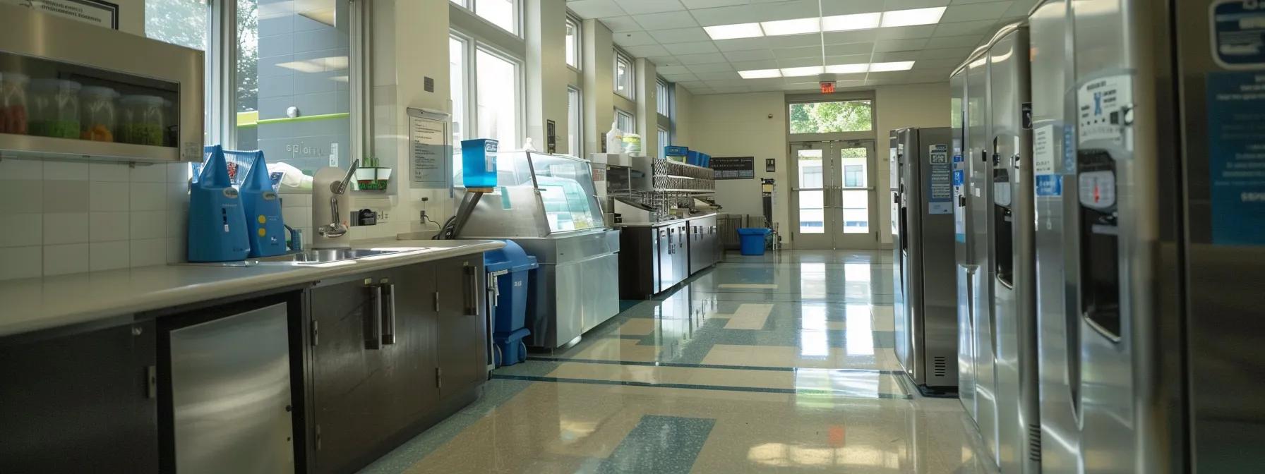 a sleek, modern school kitchen equipped with advanced everpure water filtration systems prominently displayed, highlighting the clean and efficient integration of technology designed to ensure safe drinking water for students. a sleek, modern school kitchen equipped with advanced everpure water filtration systems prominently displayed, highlighting the clean and efficient integration of technology designed to ensure safe drinking water for students.