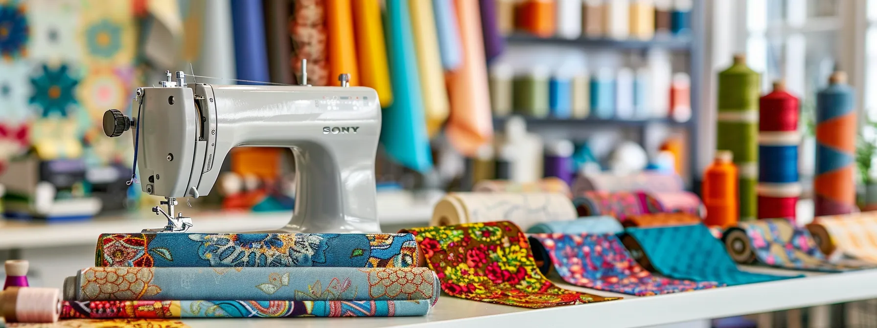 a sleek, modern sewing machine sits prominently in a well-lit quilting studio, surrounded by colorful fabric swatches and spools of thread, highlighting the dynamic environment of quilting creativity. a sleek, modern sewing machine sits prominently in a well-lit quilting studio, surrounded by colorful fabric swatches and spools of thread, highlighting the dynamic environment of quilting creativity.