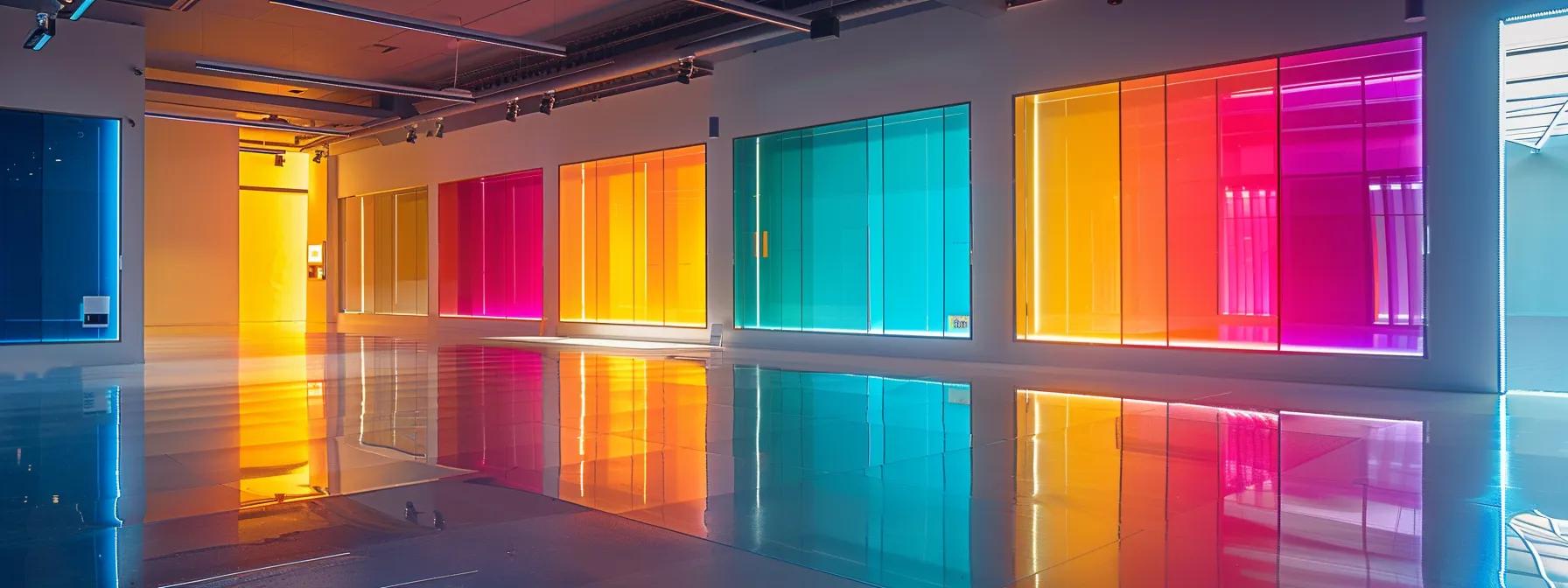 a sleek, modern showroom displays various vibrant epoxy flooring samples under bright fluorescent lights, showcasing the durability and aesthetic appeal of advanced flooring solutions in an urban commercial space. a sleek, modern showroom displays various vibrant epoxy flooring samples under bright fluorescent lights, showcasing the durability and aesthetic appeal of advanced flooring solutions in an urban commercial space.