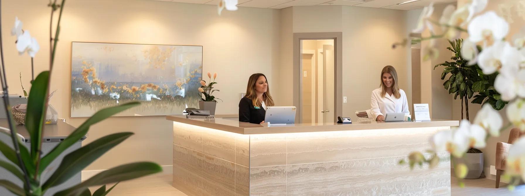 a sleek, modern skincare clinic reception area features a professional aesthetician engaging empathetically with a client, highlighted by a soothing color palette and elegant decor, emphasizing the importance of addressing customer concerns in enhancing service quality. a sleek, modern skincare clinic reception area features a professional aesthetician engaging empathetically with a client, highlighted by a soothing color palette and elegant decor, emphasizing the importance of addressing customer concerns in enhancing service quality.