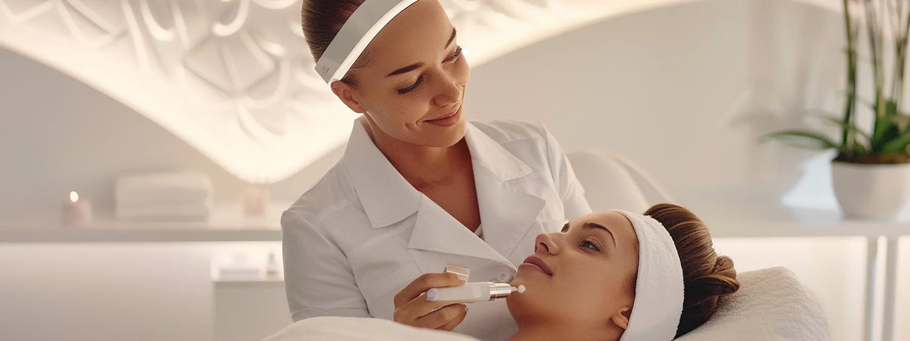 a sleek, modern skincare facility showcases a confident, well-trained aesthetician engaging warmly with a satisfied client amidst a calming, elegantly designed environment that emphasizes professionalism and comfort. a sleek, modern skincare facility showcases a confident, well-trained aesthetician engaging warmly with a satisfied client amidst a calming, elegantly designed environment that emphasizes professionalism and comfort.
