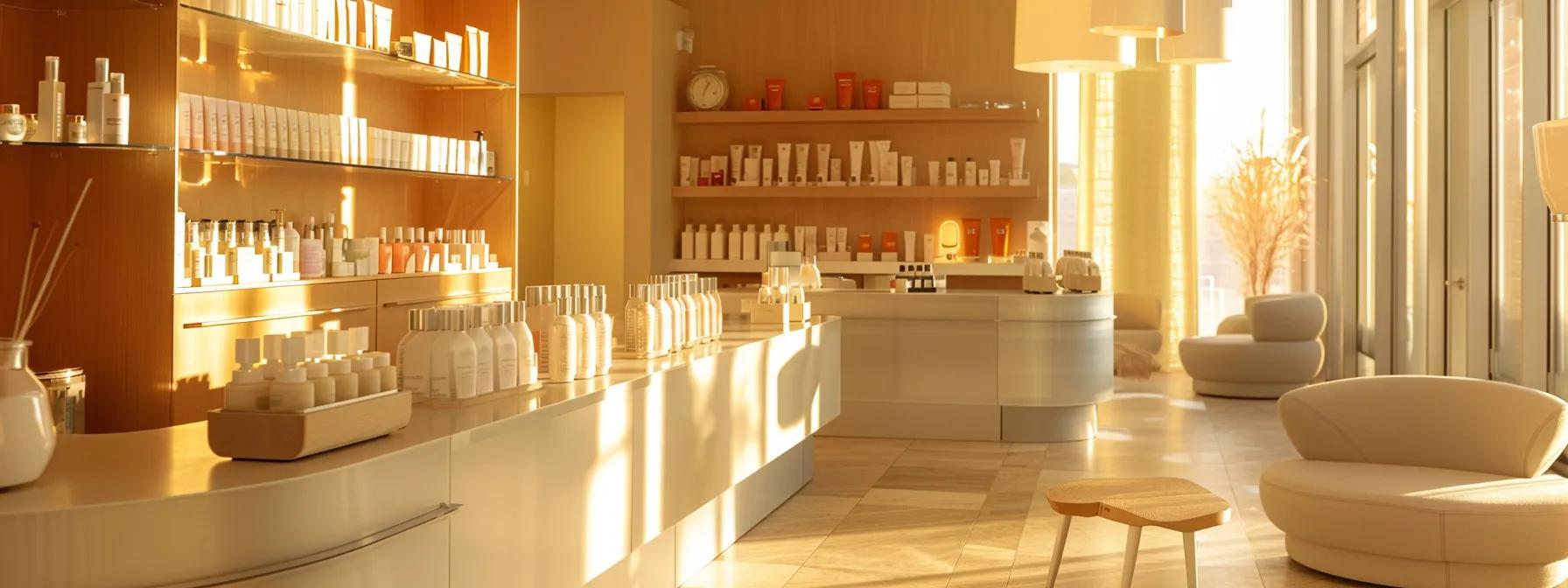a sleek, modern spa reception area in denver, featuring an elegantly designed consultation space with plush seating and an inviting ambiance, where a variety of skincare products are prominently displayed, conveying a professional yet welcoming atmosphere for addressing customer concerns about facial services.