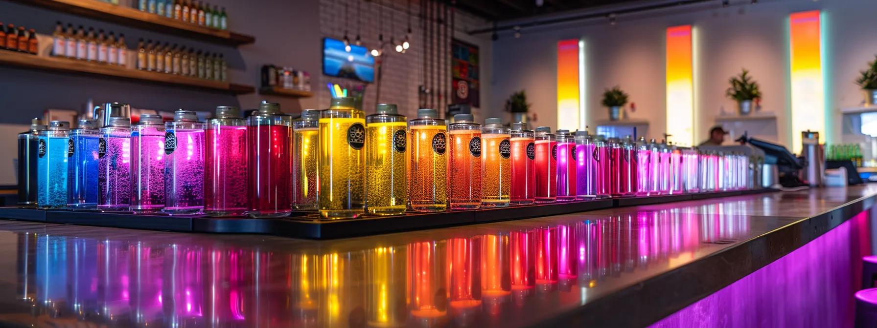 a sleek modern tasting room, illuminated by cool artificial lighting, showcases experts evaluating delta 9 thc seltzers lined up on a polished countertop, each can glistening under the light, as they examine the vivid colors and enticing labels. a sleek modern tasting room, illuminated by cool artificial lighting, showcases experts evaluating delta 9 thc seltzers lined up on a polished countertop, each can glistening under the light, as they examine the vivid colors and enticing labels.
