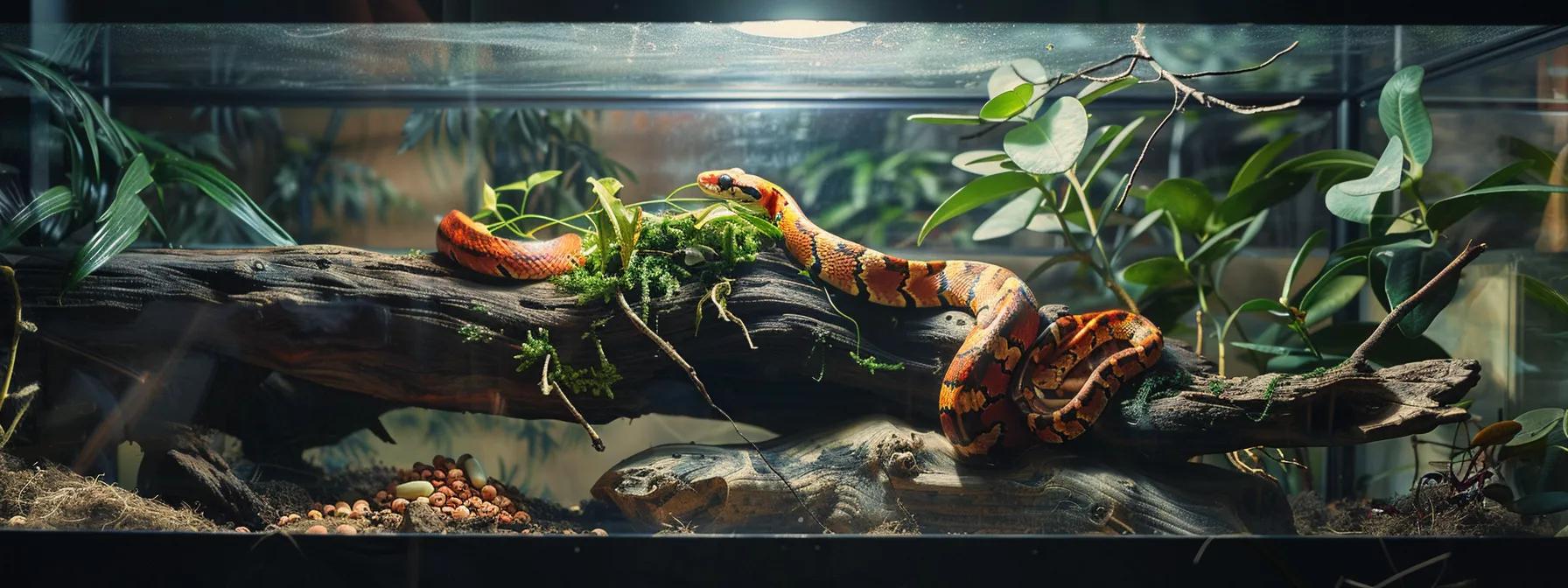 a sleek, modern terrarium showcases a vibrant corn snake coiled around a rustic wooden branch, adjacent to carefully arranged, clearly labeled food items, emphasizing the importance of a balanced diet in an urban reptile care setting. a sleek, modern terrarium showcases a vibrant corn snake coiled around a rustic wooden branch, adjacent to carefully arranged, clearly labeled food items, emphasizing the importance of a balanced diet in an urban reptile care setting.