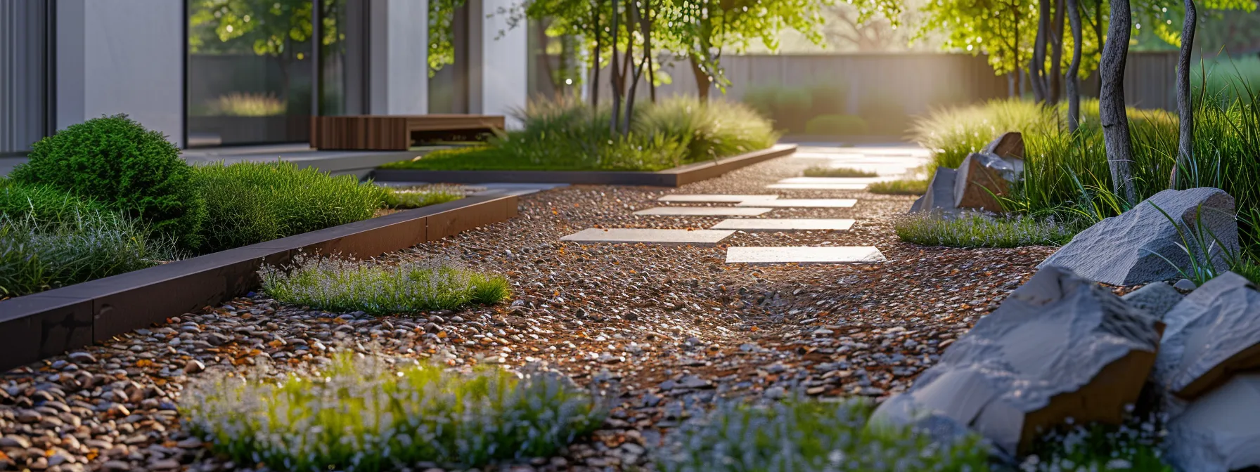 a sleek, modern urban garden showcases meticulously arranged natural stone pathways and minimalist stone features accented by carefully placed woodchips, all enhancing the sustainable design aesthetic while reflecting a commitment to eco-friendly practices. a sleek, modern urban garden showcases meticulously arranged natural stone pathways and minimalist stone features accented by carefully placed woodchips, all enhancing the sustainable design aesthetic while reflecting a commitment to eco-friendly practices.