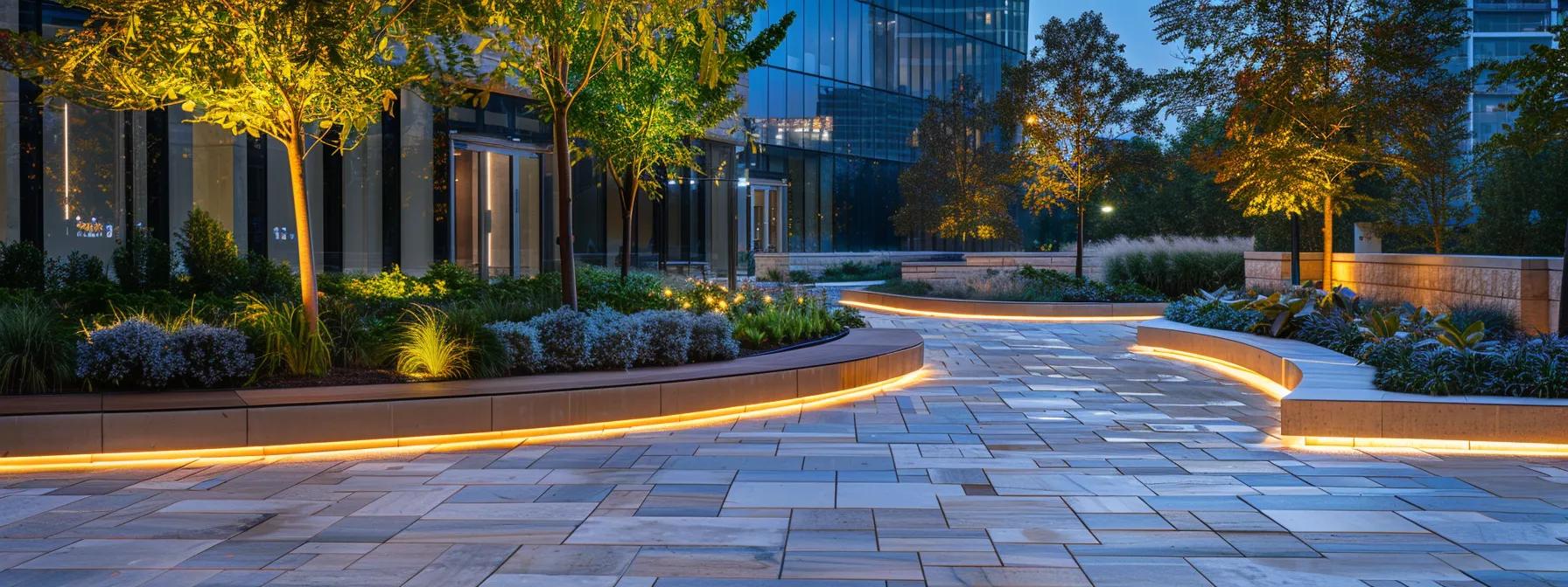 a sleek, modern urban hardscaping project showcases expertly laid stone pathways and stylish retaining walls, illuminated by warm, inviting lighting, contrasting the backdrop of a contemporary office building. a sleek, modern urban hardscaping project showcases expertly laid stone pathways and stylish retaining walls, illuminated by warm, inviting lighting, contrasting the backdrop of a contemporary office building.