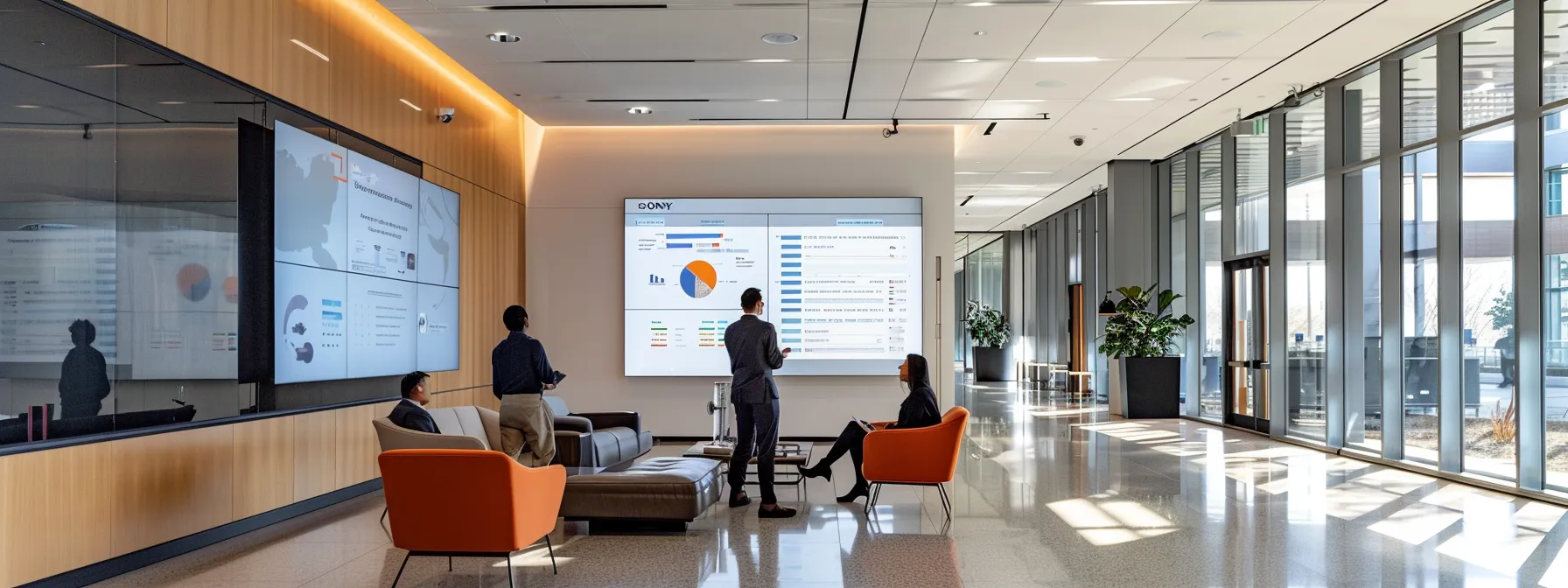 a sleek, modern urban office setting features a large screen displaying a detailed infographic that contrasts sealcoating and resurfacing, with professionals engaged in a discussion about pavement preservation strategies illuminated by focused overhead lighting.