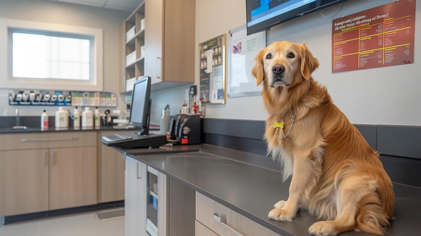 a sleek, modern veterinary clinic with a confident golden retriever sitting proudly on an examination table, surrounded by vibrant infographics displaying the benefits of salmon oil for canine immune and heart health. a sleek, modern veterinary clinic with a confident golden retriever sitting proudly on an examination table, surrounded by vibrant infographics displaying the benefits of salmon oil for canine immune and heart health.